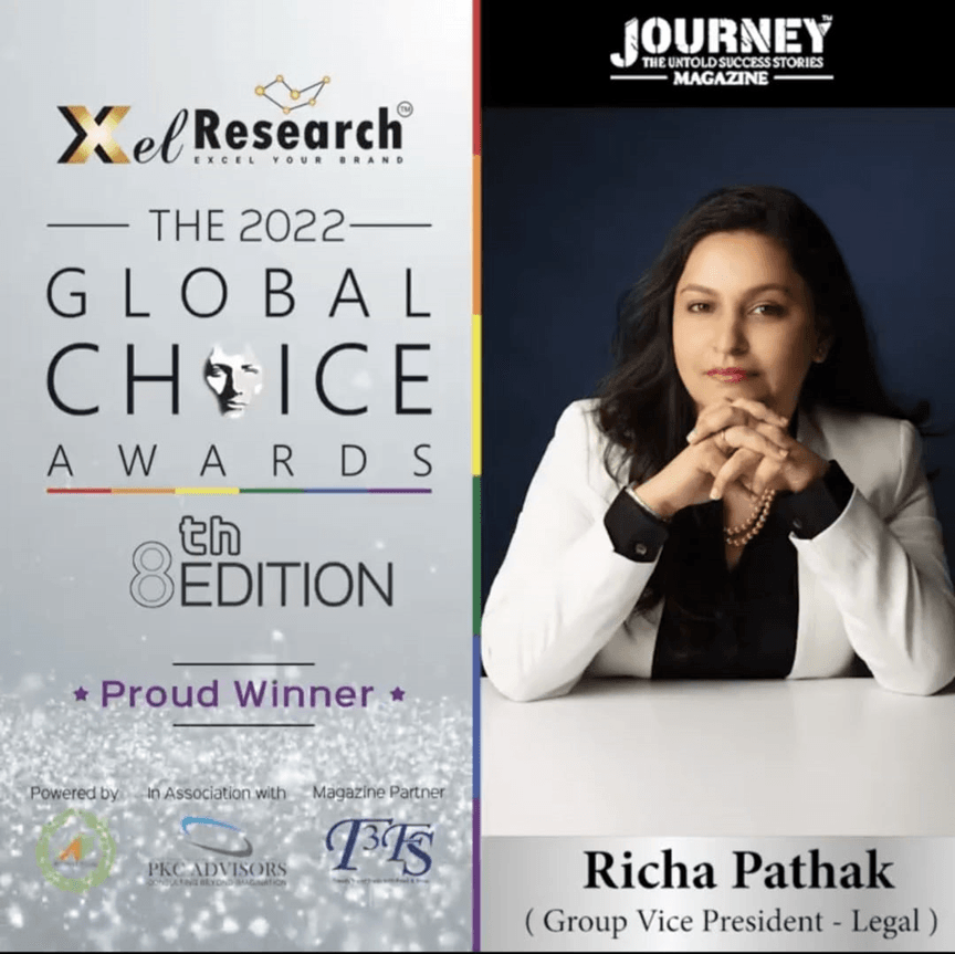 Richa Pathak received The Global Choice Award 2022 for leadership and law.