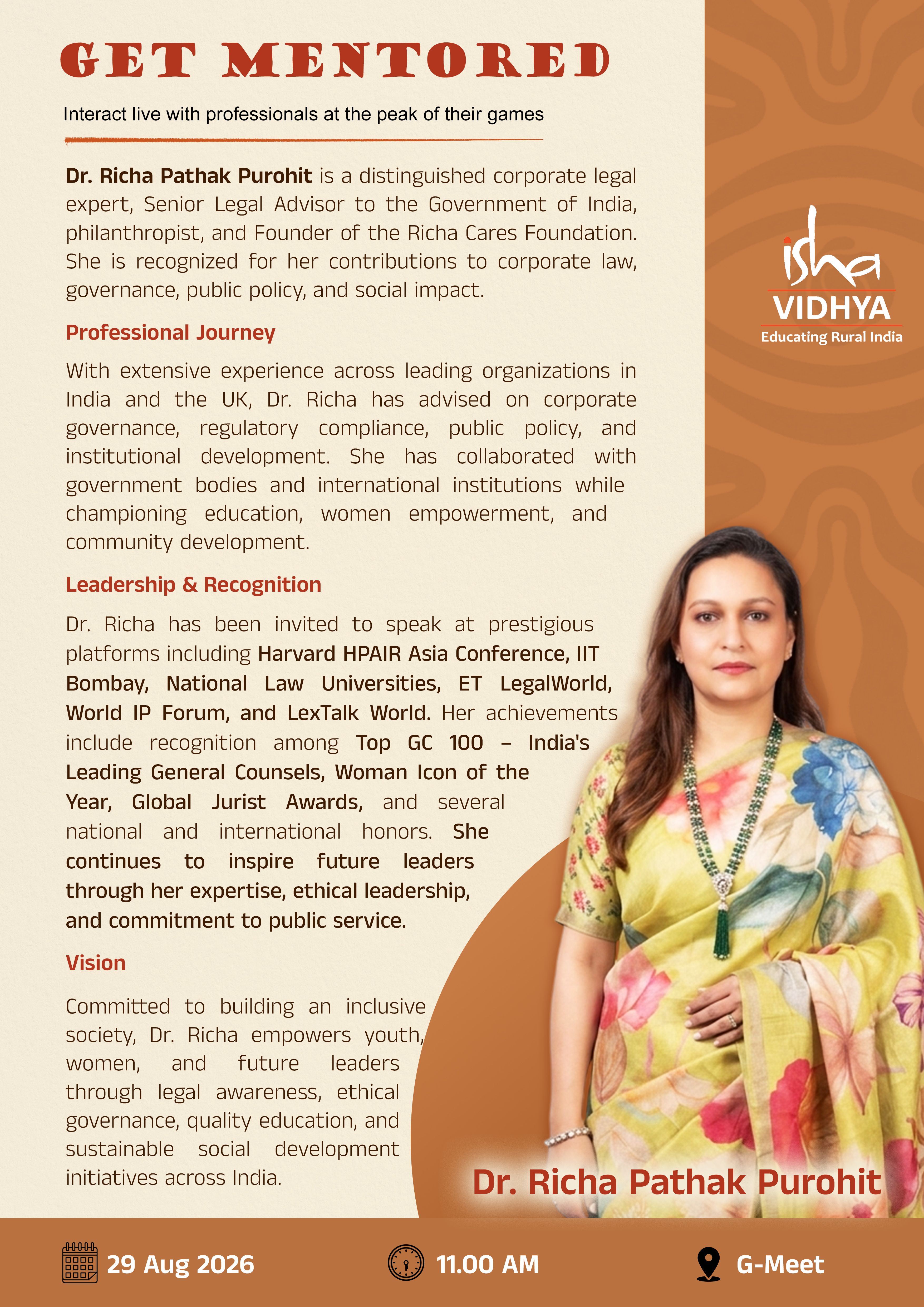 Get Mentored with Dr. Richa Pathak Purohit at Isha Vidhya